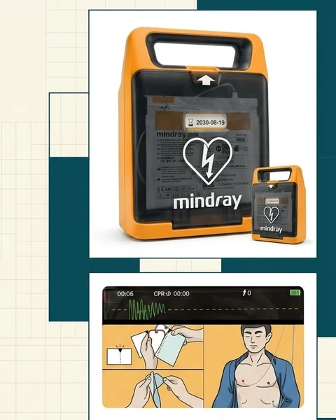 DEA Mindray BeneHeart C2 e tela com orientações visuais e traçado de ECG